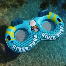SLOOSH 2-Person Inflatable River Tube - Heavy Duty River Run Tubes Pool Lake Floats for Adults, Large Floating Raft Lounge Above Water Floaties with 2 Cup Holders & Removable Cooler