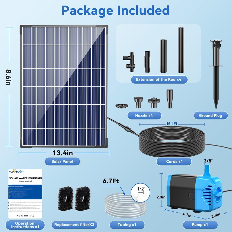 POPOSOAP Solar Water Pump, 12W Solar Fountain Pump 160GPH Flow