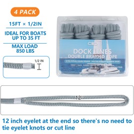 Dock Lines 15' x 1/2" Double Braided Marine Mooring Ropes 4 Pack, Dock Rope 8 Colors Boat Ropes for Docking with 12'' Eyelet Premium Dock Lines for Boats - Grey