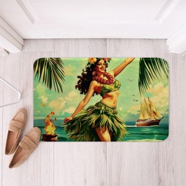 Erosebridal Tiki Bar Bathroom Rug Hula Girl Hawaiian Beauty Bath Mat Non Slip Tropical Palm Leaves Door Mat Summer Ocean Sailboat Entrance Rug 20"X32" for Kids Boys Girls