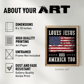 KAIMKEART Loves Jesus and America Too Wall Art Retro Print, Decor for Home Office Club Rally Gathering-Unframed 8x10