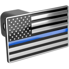 LFPartS USA Flag Emblem Metal Trailer Hitch Cover (Fits 1.25" Receivers, Black Chrome with Thin Blue Line)