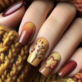 Fall Maple Leaf Press on Nails Short Square Fake Nails Autumn Maple Leaves False Nail Thanksgiving Brown Gradient Stick on Nail for Women 24 Pcs
