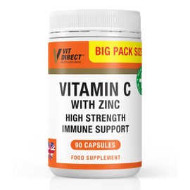 Vit Direct - Vitamin C with Zinc - High Strength - 90 Vegan Capsules - Supports Muscle Growth - Reduces Tiredness & Fatigue - VIT C & Zinc Daily Supplements - Long-Term Support
