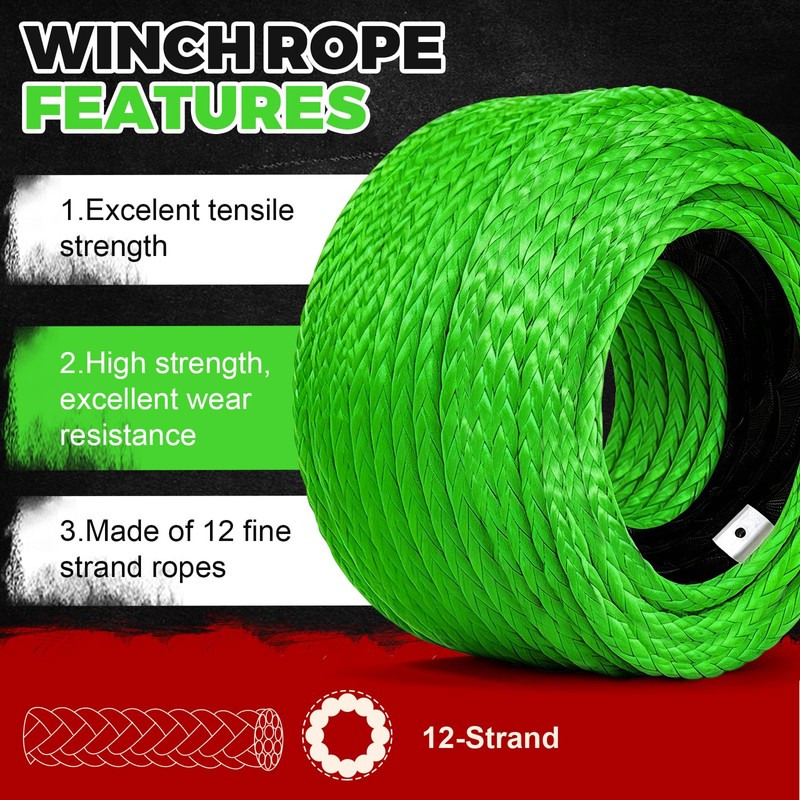 Synthetic Winch Rope kit,1/4" x 50'-10000 lbs Winch Line with,Go