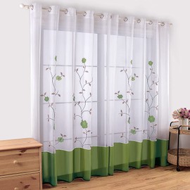 SIMPVALE Sheer Voile Floral Embroidery Curtains with Eyelets Transparent Curtain Living Room Bedroom Green 140 x 145 cm (W x H) Pack of 2