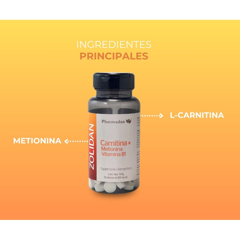 Pharmadan Zolidan, L-Carnitina, L-Metionina, Vitamina B1, 30 Tabletas de 650