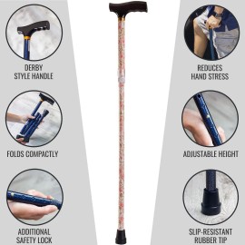 DMI Designer Folding Walking Cane, Adjustable, Ergonomic Wood Handle, (Floral)