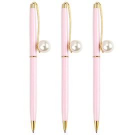 3 Pcs Pearl Decorative Metal Ballpoint Pen Ball Pen 0.7mm Fine Tip Black Ink Pink