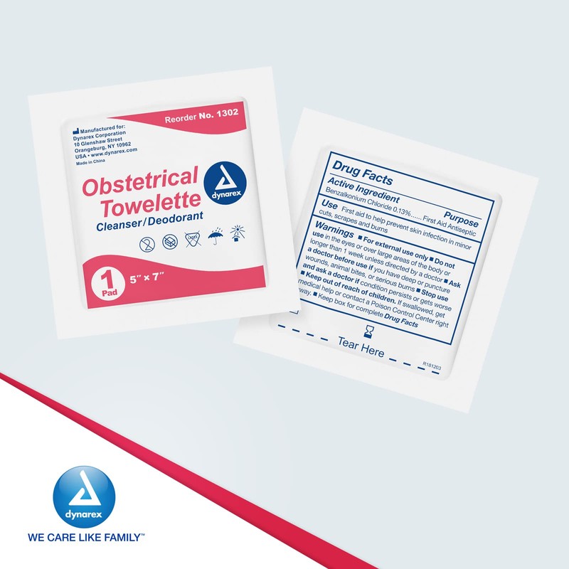 Dynarex 1302 Obstetrical Towelette, Benzalkonium Chloride Wipes with 5% Alcohol,