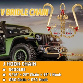 SENKEYFE G80 V Bridle Chain,5/16 in × 2 Ft Towing Chain Bridle with 5400 Lbs Working Load Limit,Transport Chain Extension with 15 in J Hooks and Grab Hooks,Car Hauler Trailer Accessories for Rollback