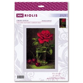 RIOLIS - Rose and Sweet Cherry 2123, Cross Stitch Kits 6" x8¼, Cross Stitch Kits for Adults, Counted Cross Stitch Kits, Embroidery Kit for Beginners & Advanced, Floral Crossstitching Kits