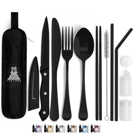 Taplord Portable Travel Silverware Set With Case, Includes 10 Pcs of Travel Utensils With Case, Stainless Steel Flatware Set For Camping, Easy to Travel, Lightweight (Black)