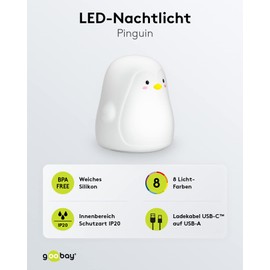 goobay 61648 LED Nachtlicht Pinguin/geeignet als Einschlafhilfe, Stilllicht und Kinderzimmer Deko/leuchtet in warmweißem Licht, 7 Farbwechsel und 3 Leuchtmodi, Klein