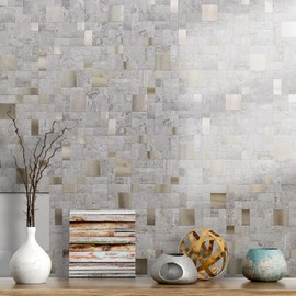 DICOFUN 10 Sheets Beige Stone Peel and Stick Tile Backsplash, Mixed Metal Silver Chips Kitchen and Bathroom Tiles, Stick on Backsplash for Stove