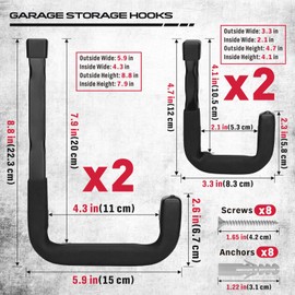 SEDY Heavy Duty Garage Storage Hooks: 4-Piece 6" & 3" Wall Mount J Utility Hooks Holds 88 LB, Large Metal Utility Hooks, Garage Storage Ladders Hooks for Bikes, Garden Tools