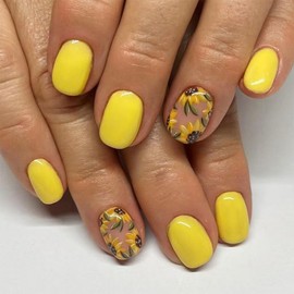 IMRAIN Press on Nails Square Short Fake Nails Yellow False Nails Glossy Full Cover Glue on Nails Spring Floral Artificial Squoval Nails with Sunflower Designs Stick on Nails for Women Girls