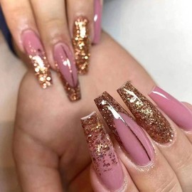 Bufenia Coffin Artificial Nails Long French Ballerina Press On Nails Glitter Stick On Nails False Nails with Rhinestone Butterfly Designs Acrylic Nails 24 Pieces for Women and Girls (F)