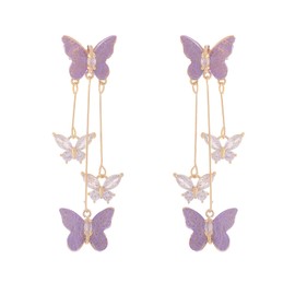Purple Butterfly Tassel Style Zircon Earrings for Women Crystal Rhinestone Drop Earrings Long Butterfly Dangle Earrings Wedding Jewelry for Women