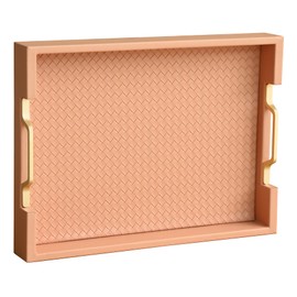 HofferRuffer Faux Leather Rectangle Serving Tray Decor Platter with Gold Metal Handles for Coffee Table, Breakfast, Tea, Food, Countertop, Kitchen, Butler Tray, 16.2 x 12.2 x 2 inches (Pink Orange)