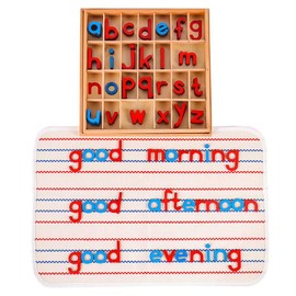 Kghios Montessori Wood Small Movable Alphabet with Box and Large Mat Preschool Spelling Learning Language Materials Toys (Red & Blue)