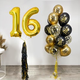 16th Birthday Balloons,15 Pcs Black Gold Party Decorations with Happy Birthday Latex Confetti Balloons for Boys Girls Men Women 16th Birthday Décor Anniversary Age Balloons