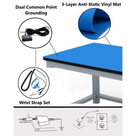 Groundhug by Scientific Americas - Anti-Static ESD Mat Kit with a Wrist Strap and Dual Common Point Grounding - 0.125" Thick - Three Layer Dissipative Vinyl - 36" x 60" (3' x 5'), Blue