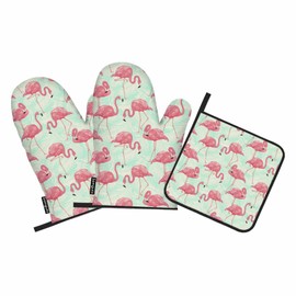 Samgula Pink Flamingo Oven Mitts and Pot Holders Sets Palm Leaves Tropical Animal Heat Resistant 3pcs for Cooking Baking BBQ