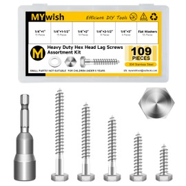 Mywish 1/4 Hex Head Lag Screws Assortment Kit, 109Pcs Heavy Duty Lag Bolts with Washers, 304 Stainless Steel Bolts 18-8 5-Size Wood Screws for Outdoor, Bright Finish 1/4 Bolt