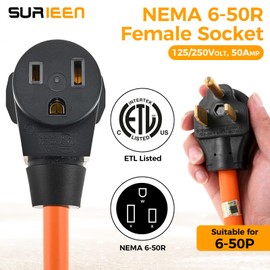 SURIEEN NEMA 5-15P to 6-50R Generator Welder Adapter Plug Cord 1.5FT, 3 Prong to 3 Prong Generator Adapter 125/250V, Heavy Duty Welder Adaptor Extension Cord STW 10AWG, ETL Listed