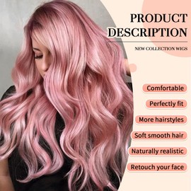 KOME Ombre Pink Wavy Wigs for Women,Long Wavy Wig with Bangs,Curly Natural Looking Synthetic Heat Resistant Fiber Wig for Party Cosplay Daily Use 26IN…