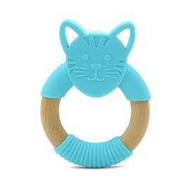 Mordedera para Bebé en forma de gatito | Bambú Natural y Silicón Grado Alimenticio | Sin BPA, Suave y Ecológica azúl