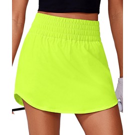 PINSPARK Womens Golf Skirt Elastic High Waist Tennis Skort Wide Waistband Sport Skirts Weightless Workout Skorts for Pickleball Workout Running, Lemon Green Large