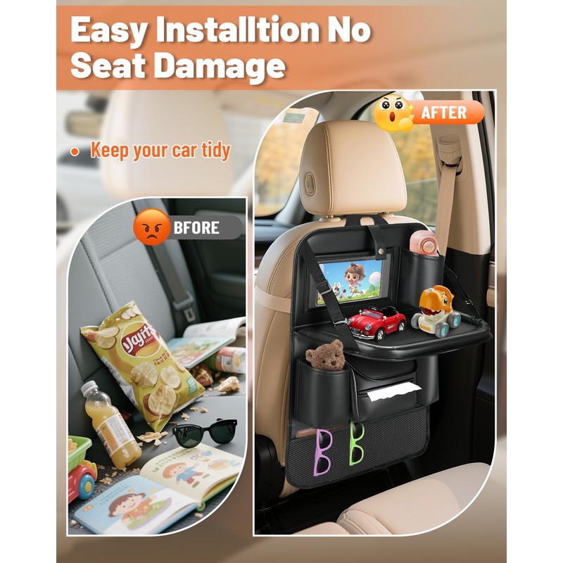 2 Pack Leather Car Backseat Organizer with Foldable Table Tray,