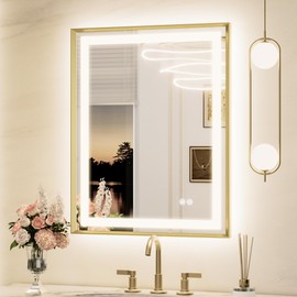 Keonjinn LED Mirror for Bathroom 24 x 30 in, Gold Frontlit & Backlit Bathroom Mirror with Lights, Brushed Beveled Framed, Tempered Glass, UL Listed LED Driver, 3 Color Temperature, Anti-Fog, Dimmable