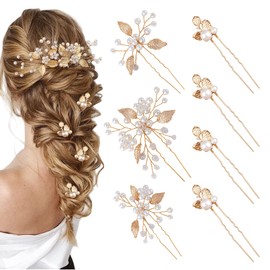 Yeomju Pack of 6 Bridal Hair Pins Golden Leaves Crystal Beads Vintage Headpiece Wedding Hair Accessories Jewellery with Rhinestones for Brides Bridesmaids Flower Girl (4 Styles)