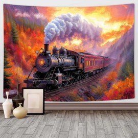 Tapiz de tren de vapor, tapices de paisaje de otoño de tren de motor antiguo, decoración de niños, otoño bosque de montaña, acuarela, tapices de pared para colgar para recámara, sala de estar