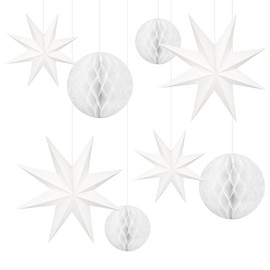 MIAHART 8 Pack Christmas Hanging Star Decoration 4 Pcs 9-Pointed Star Lanterns with 4 Pcs Honeycomb Ball 3D White Hanging Paper for Wedding Birthday Baby Shower Celebration Party Decoration