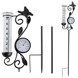 Voumsil Rain Gauge Outdoor, Black Butterfly Rain Gauge with Thermometer for Measuring Precipitation, Garden Decoration.