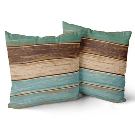 Zwifitt Farm Wood Cushion Covers Set of 2 18x18 Inch, Soft Cotton Retro Barn Teal Green Brown Throw Pillow Cases Plank Wooden Stripe Farmhouse Home Decor Gift for Outdoor Car Cabin Bedroom Couch Sofa