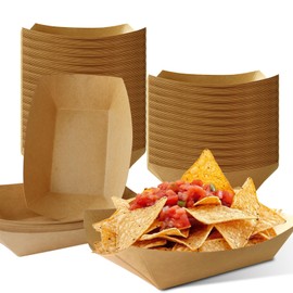 Paper Food Trays, 100Pcs 2lb Food Boats Trays Disposable, Heavy-Duty Kraft Nacho Tray, Take Out Foods Boat for Serving Nachos Snack Hot Dog Taco French Fries BBQ Popcorn Party Picnic Party