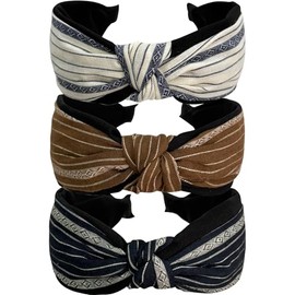Jseng 3PC Boho Braid Headband Cloth Cross Knot Elastic Hair Hoop Striped Linen Wide Hairband for Women