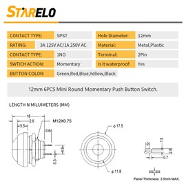 STARELO 6PCS 12mm Momentary Push Button Switch Mini Round Waterproof SPST Switch 3A 125V AC 2Pin 1NO with Pre-soldered Wire PBS-33B(Black).