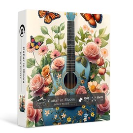 Vintage Guitar Puzzles for Adults, PICKFORU Flower Jigsaw Puzzles 1000 Pieces, Spring Floral Garden Puzzle for Plant Lover, Hard Difficult Music Puzzle as Art Decor