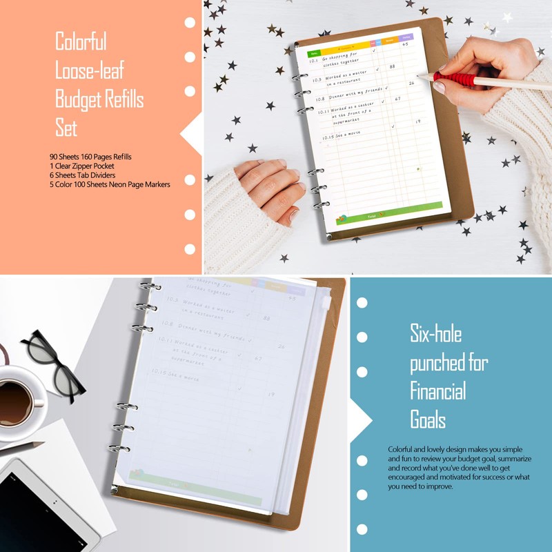 Rancco A6 Budget Planner Refill Paper, 90 Pages Colorful 6-Ring