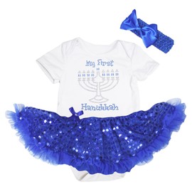 My First Hanukkah Blanco Body Azul Lentejuelas Tutu Romper nb-18 m, Azul, Mediano