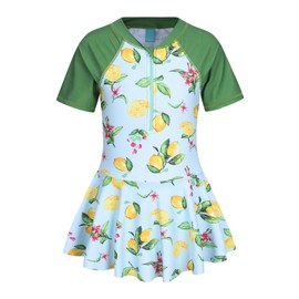 Qterdiz Big Girls One Piece Swimsuits Short Sleeve Swim Dress for Girls Hawaiian Bathing Suit Skirted Summer Swimwear Green Lemons Size 12/10-12 Years