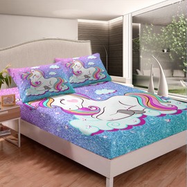 Girls' Unicorn Fitted Sheet Girllike Glitter Animal Decor Fitted Sheet 90 x 200 cm Pastel Rainbow Dreamy Horse Bed Sheet Set Pink Blue No Flat Sheet Bright Bedroom Decor