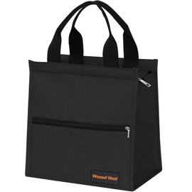 WOOOOF WOOOF Lunch Bag, Insulated Bag, Large Capacity, Bento Box, Front Zipper Pocket, Handle, Inner Insulation, Lightweight, Durable, Unisex, Work or School Commutes, Black