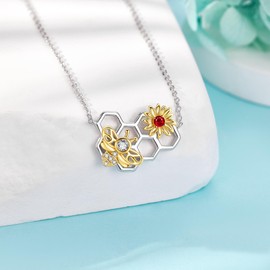 HUKKUN Bee Necklace Sterling Silver Honeycomb Cute Flower Pendant Necklaces Jewelry Gift for Women, Small, Sterling Silver, Cubic Zirconia